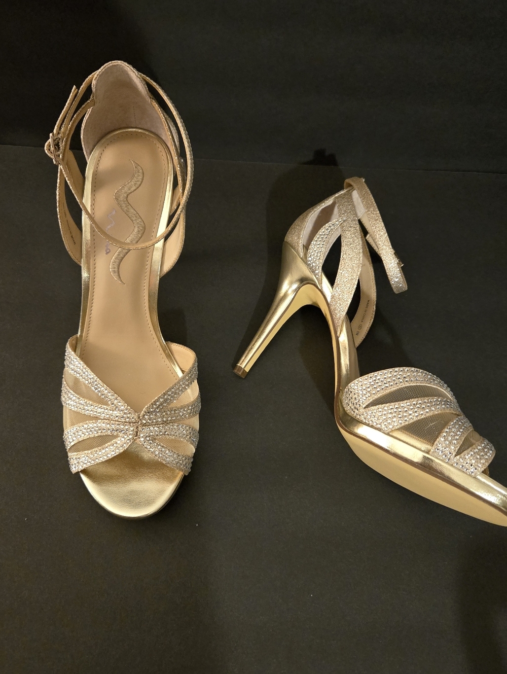 Nina New Womens Gold Stilleto Heels Ressie 10M Open Toe Mesh/Rhinestones/Glitter